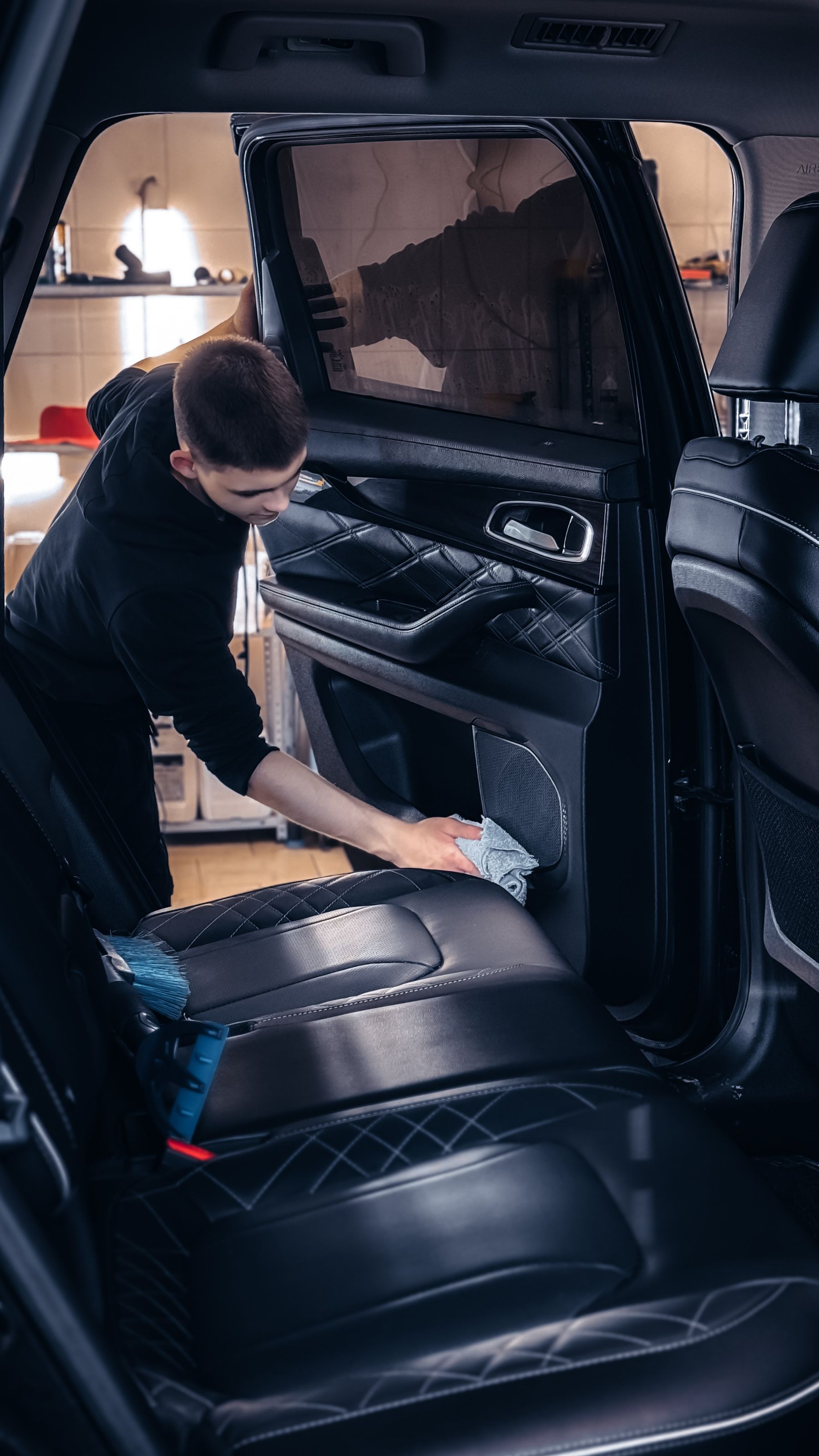 A vehicle interior receiving careful surface cleaning